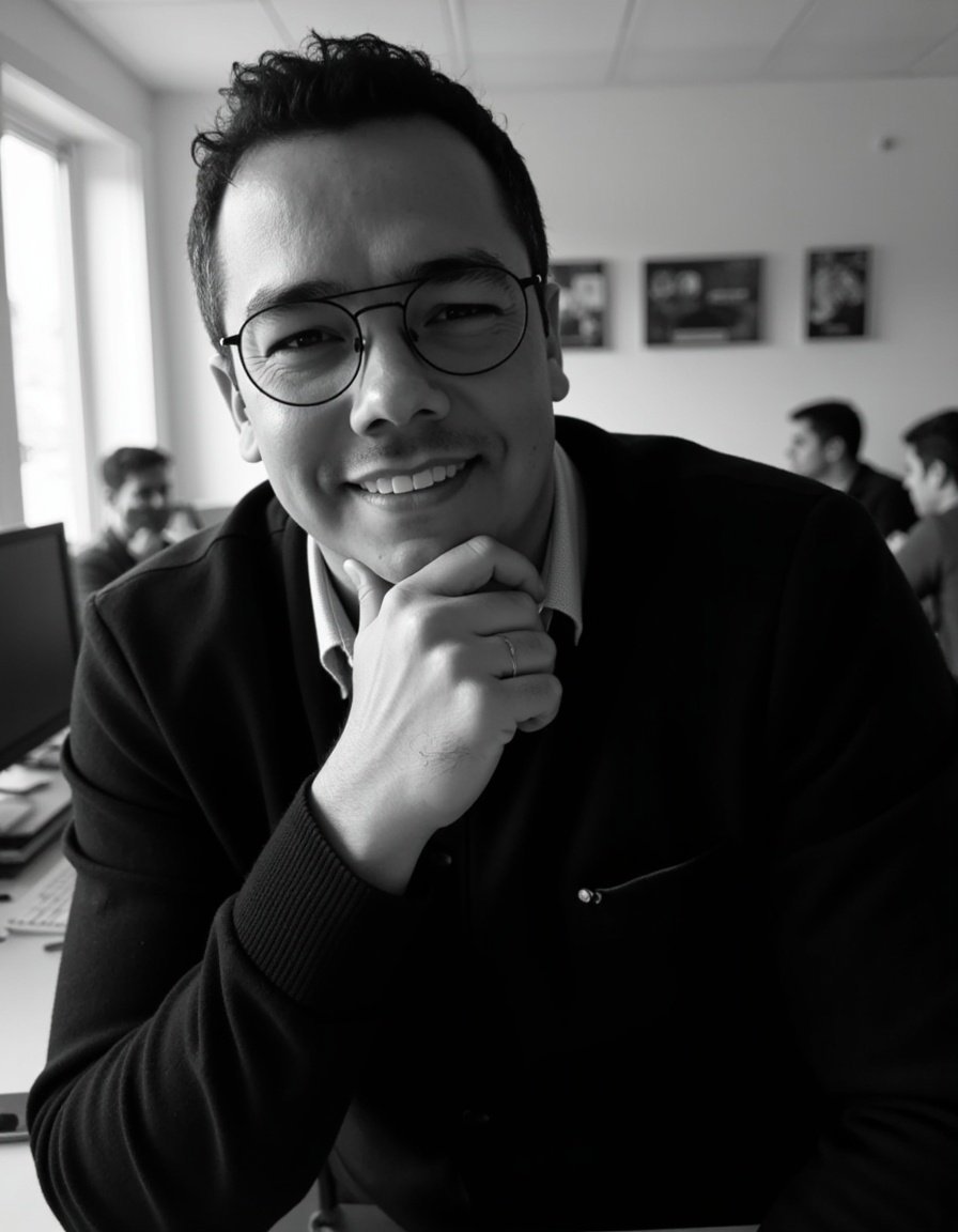 Retrato de Eduardo Tadeu em preto e branco.