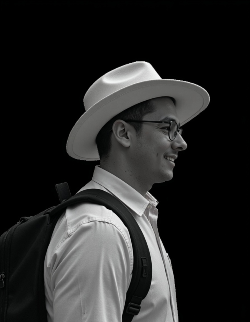 Retrato preto e branco do Eduardo de perfil, com chapéu e mochila